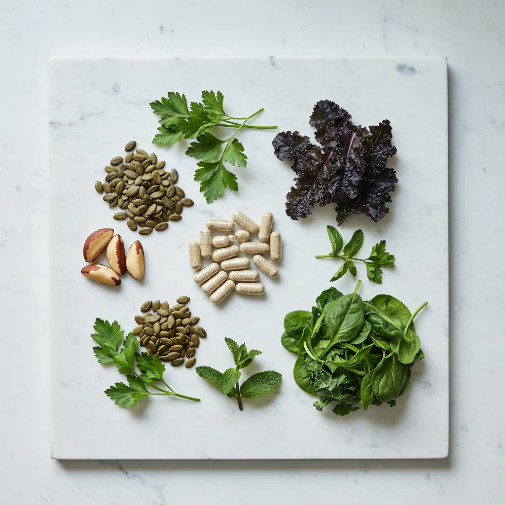 Naturliga ingredienser pumpakärnor nötter örter på vit marmorbänk