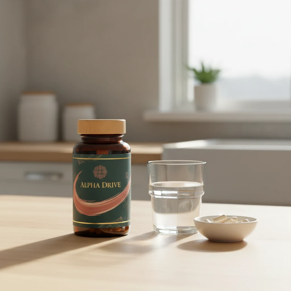 Alpha Drive burk med glas vatten på träbord i naturligt ljus